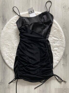 Zara Satin Ruched Mesh Overlay Mini Dress Black Size XS